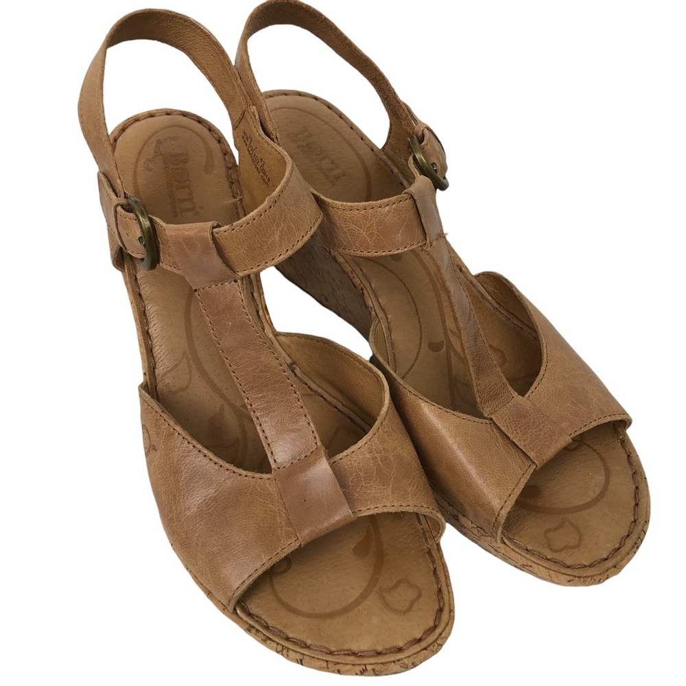 Born Tan Leather Cork Wedge Platform Sandals T-Strap Size 10